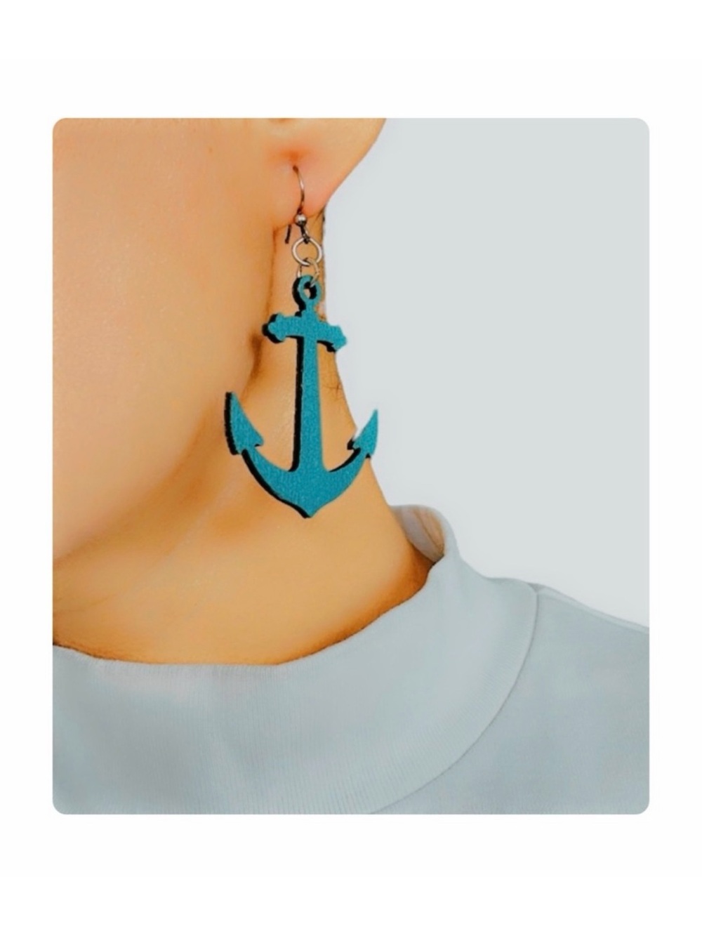 ★ Vintage Handmade Wooden Sailor Anchor Casual Femenine Dangling Earrings Teal ★